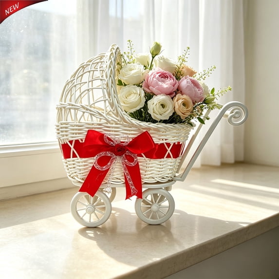 Faux Rattan Pram Shaped Flower Basket With Wheels And Handle, Multi‑Functional Plastic Storage Fruit Basket, Cute Rustic Decor for Wedding Party Festival Home Christmas Table Decorations,Red