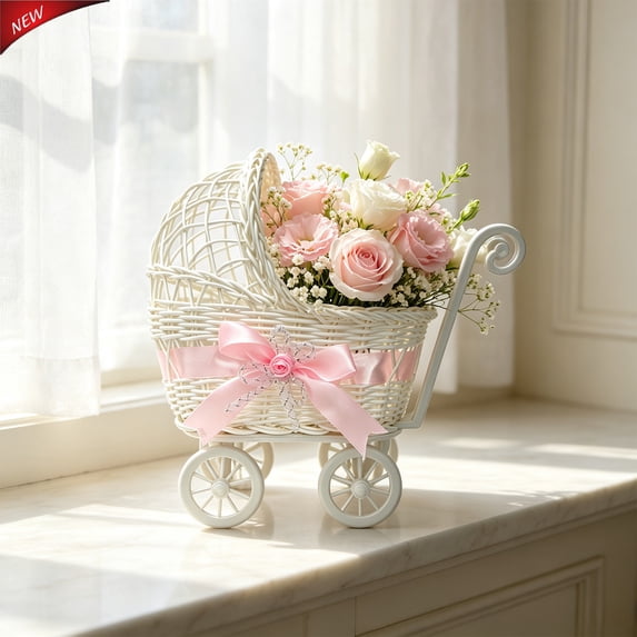 Faux Rattan Pram Shaped Flower Basket With Wheels And Handle, Multi‑Functional Plastic Storage Fruit Basket, Cute Rustic Decor for Wedding Party Festival Home Christmas Table Decorations,Pink