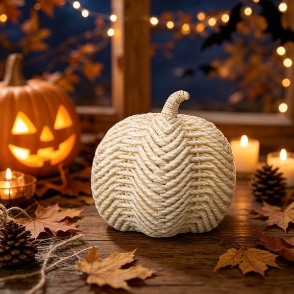 Faux Rattan Pumpkin Decor Halloween Resin Woven Style Ornament Boho Fall Home Table Centerpiece Farmhouse Autumn Party Decoration Neutral Beige
