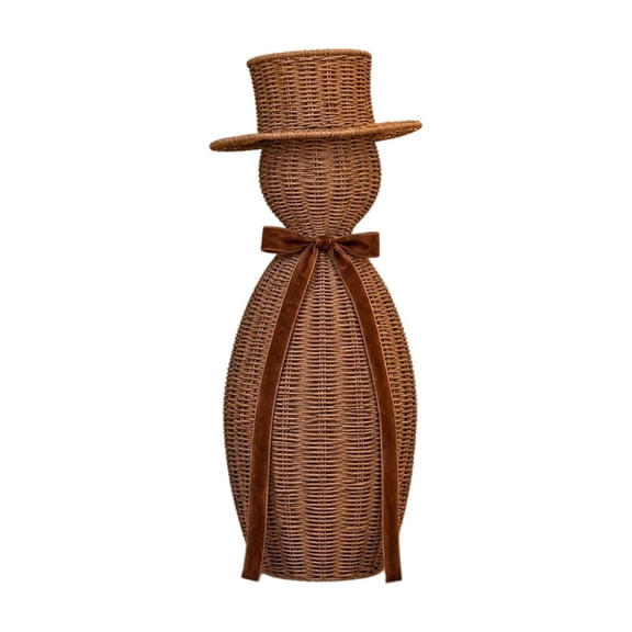 Faux Rattan Snowman Figurine, 15-Inch Resin Christmas Tabletop Decor with Velvet Bow, Winter Holiday Mantel Ornament for Farmhouse Home Entryway Shelf Display