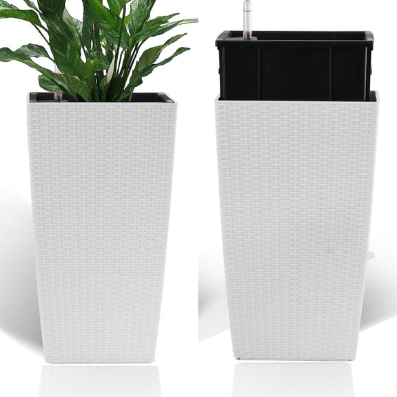 Faux Rattan Square Planter Set in Black 22.6 Inch with Automatic Watering System for Home and Garden 2 Pack