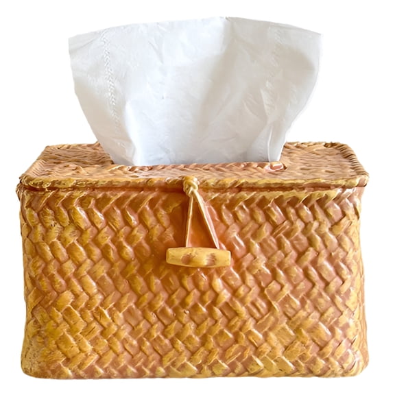Faux Rattan Tissue Box Cover Square Resin Woven Boho Dispenser with Lid
