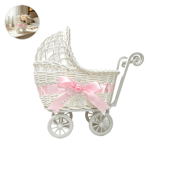 Faux Rattan Weave Pram Shaped Flower Basket with Wheels and Handle Multi-Functional Storage for Home Decor Weddings and Parties