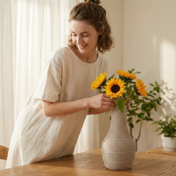 Faux Rattan Woven Vase for Home Decor - Boho Planter for Artificial Flowers, Living Room Accent for Shelf and Table, Natural Style Organizer for Entryway