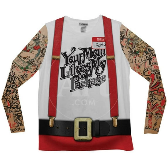 Faux Real Shirt F131674-S Mens Christmas Tattoos & Suspender Tank with Long Mesh Sleeves, Multicolor - Small