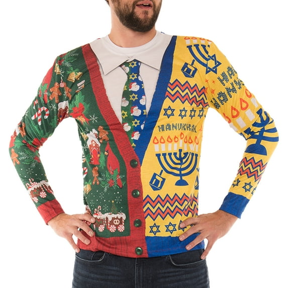 Faux Real Shirt F134806-L Mens Half Ugly Holiday Sweater, Green & Yellow - Large