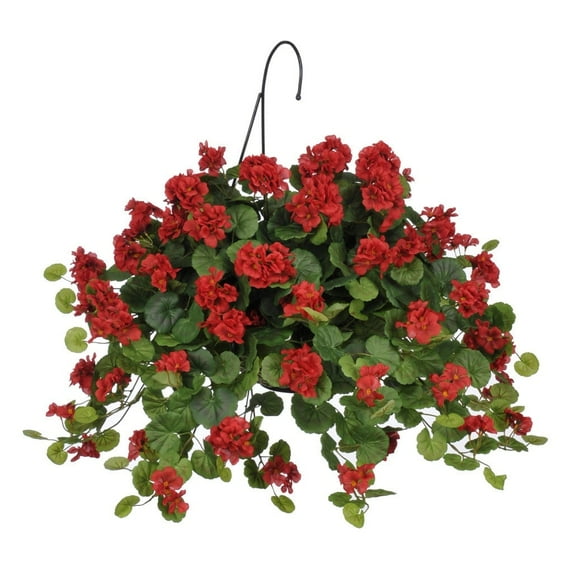 Faux Red Geranium Hanging Basket Reed