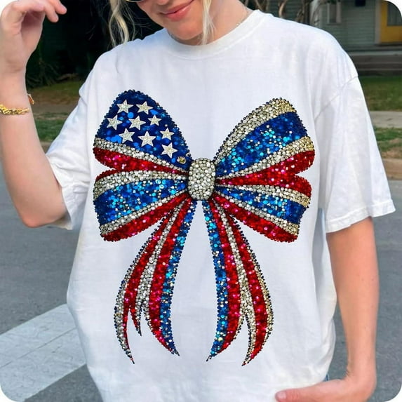 Faux Rhinestone USA Coquette Bow Shirt, Girly Red White Blue 4th of July T-Shirt, Patriotic American Girl Memorial Day Shirt