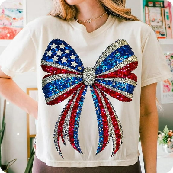 Faux Rhinestone USA Coquette Bow Shirt, Girly Red White Blue Tee, Patriotic American Girl Top, 4th of July Memorial Day T-Shirt
