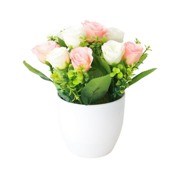 Rose Bonsai with Pot, Artificial Flower for Home and Office Decor, 7 Inch Lifelike Potted Rose for Tabletop, Desk, and Shelf Decoration, Fade-Resistant