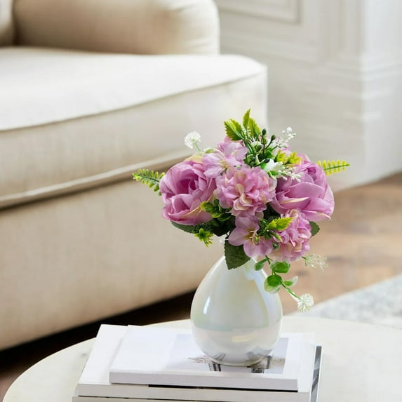 Faux Rose & Lilac Artificial Flowers | White Red Purple Pink Colors | 11.81x7.87x7.87in Wedding Bouquet | Non-Fading Home Office Bathroom Desk Decor