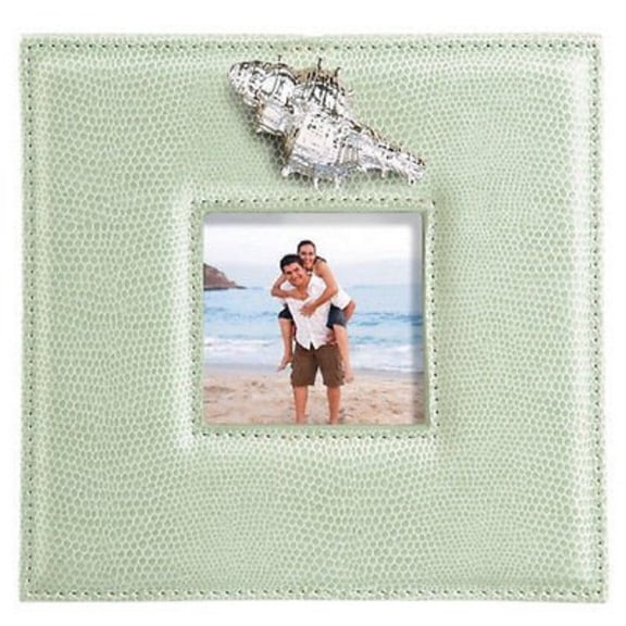 Faux Sea Green Leather Photo Frame With Sculpted Metal Conch Shell 3 x 3 Photo