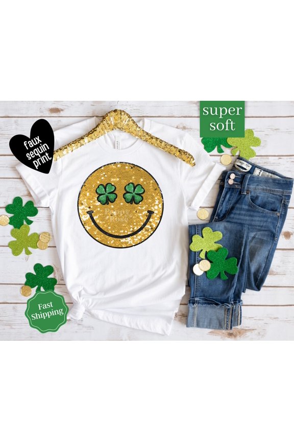 Faux Sequins Smiley Face St Patrick Shirt, Cute St Patricks Day Shirt, St Paddys Shirt, Retro St Patricks Day T-shirt Shamrock All Size S-5Xl