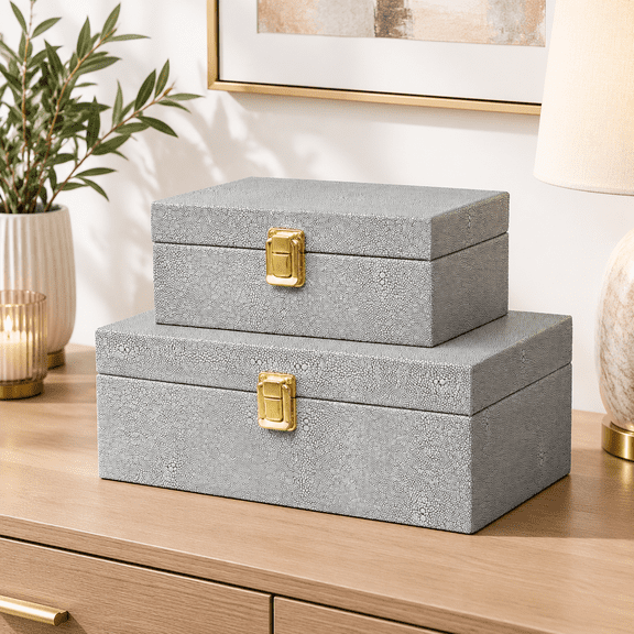 Faux Shagreen Leather Decorative Storboxes Set Of 2 Light Grey