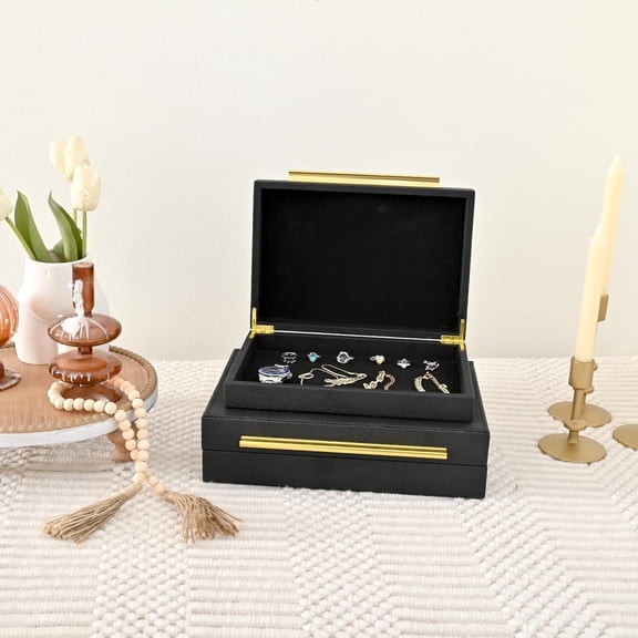 Faux Shagreen Leather Jewelry Boxes Set of 2 with Gold Handles, Decorative Organizer Storage Box for Rings, Earrings, Watches, Dresser, Vanity, Stackable, Black