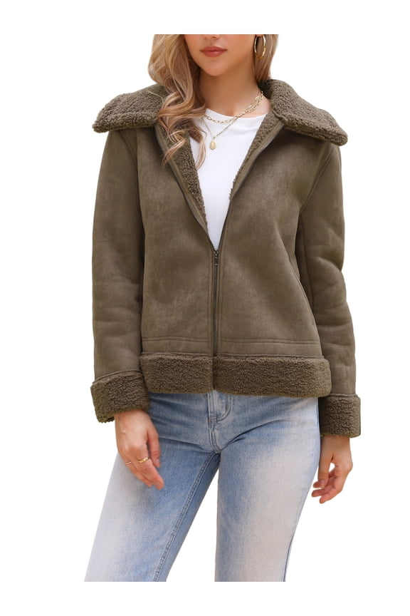 Faux Shearing Fur Winter Coat for Women Warm Thick Fur Lined Faux Leather Jacket L Dark Brown