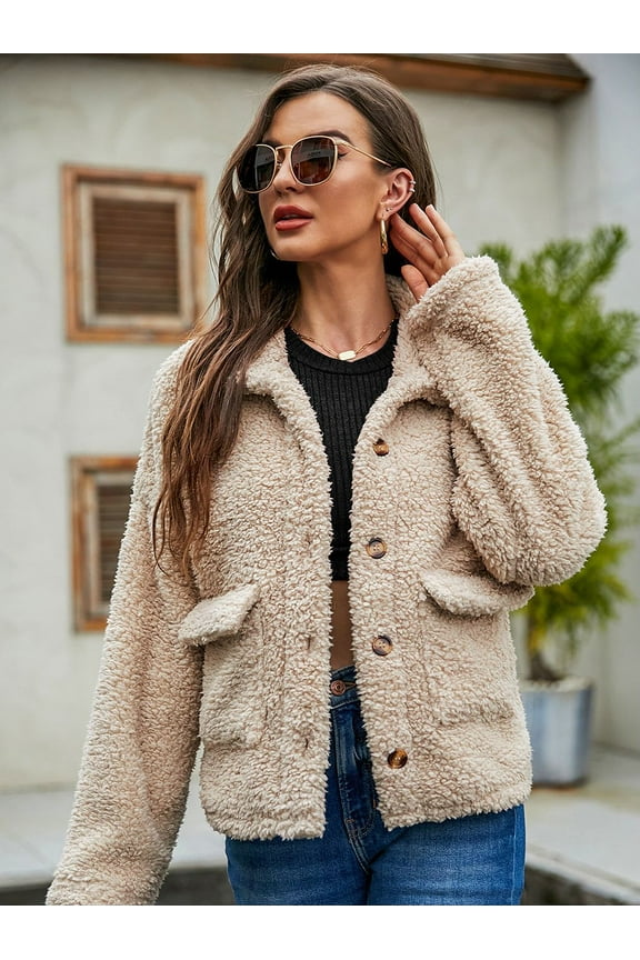 Faux Shearling Button Down Closure Collared Teddy Jacket for Women