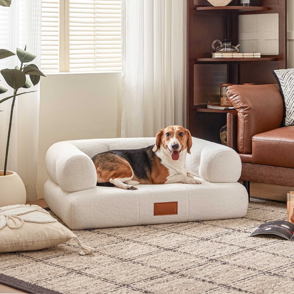 ATJafurn Modern 35.4'' Faux Shearling Dog Sofa, No Assembly Dog Sofa Couch for Large Dogs up to 70 lbs, Comfy Orthopedic Elevated Pet Sofa Bed, White