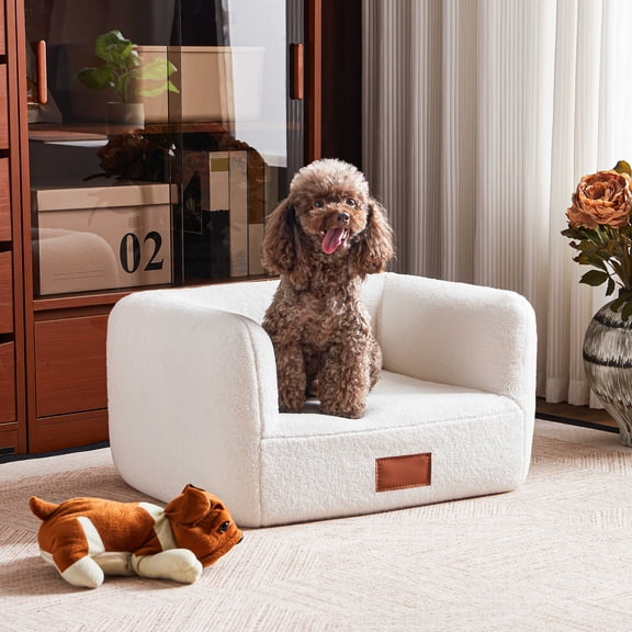 Faux Shearling Dog Bed Couch for Small Medium Dogs up to 35lbs, No Assembly Orthopedic Elevated Pet Sofa Bed, Furniture Style Comfy Dog Couch Bed, White