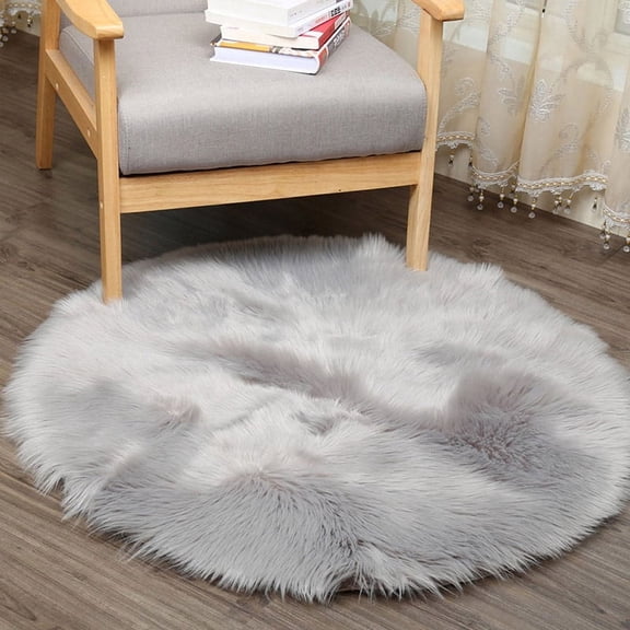 Faux Sheepskin Fur Area Rugs Round Fake Fur Throw Rug Fluffy Home Decor Living Room Floor Mat Circular Bedside Carpet for Bedroom Soft Circle Kids Play Mat for Nursery,15.7" Diameter, Grey