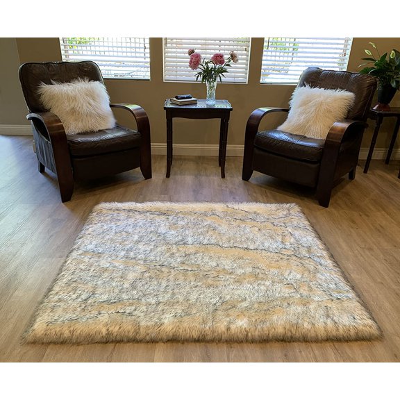 Faux Sheepskin Rectangular Shag Rug, White/Black Tips 2'6"" x6' | Soft bedside runner for bedroom, hallway, vanity or sofa edge