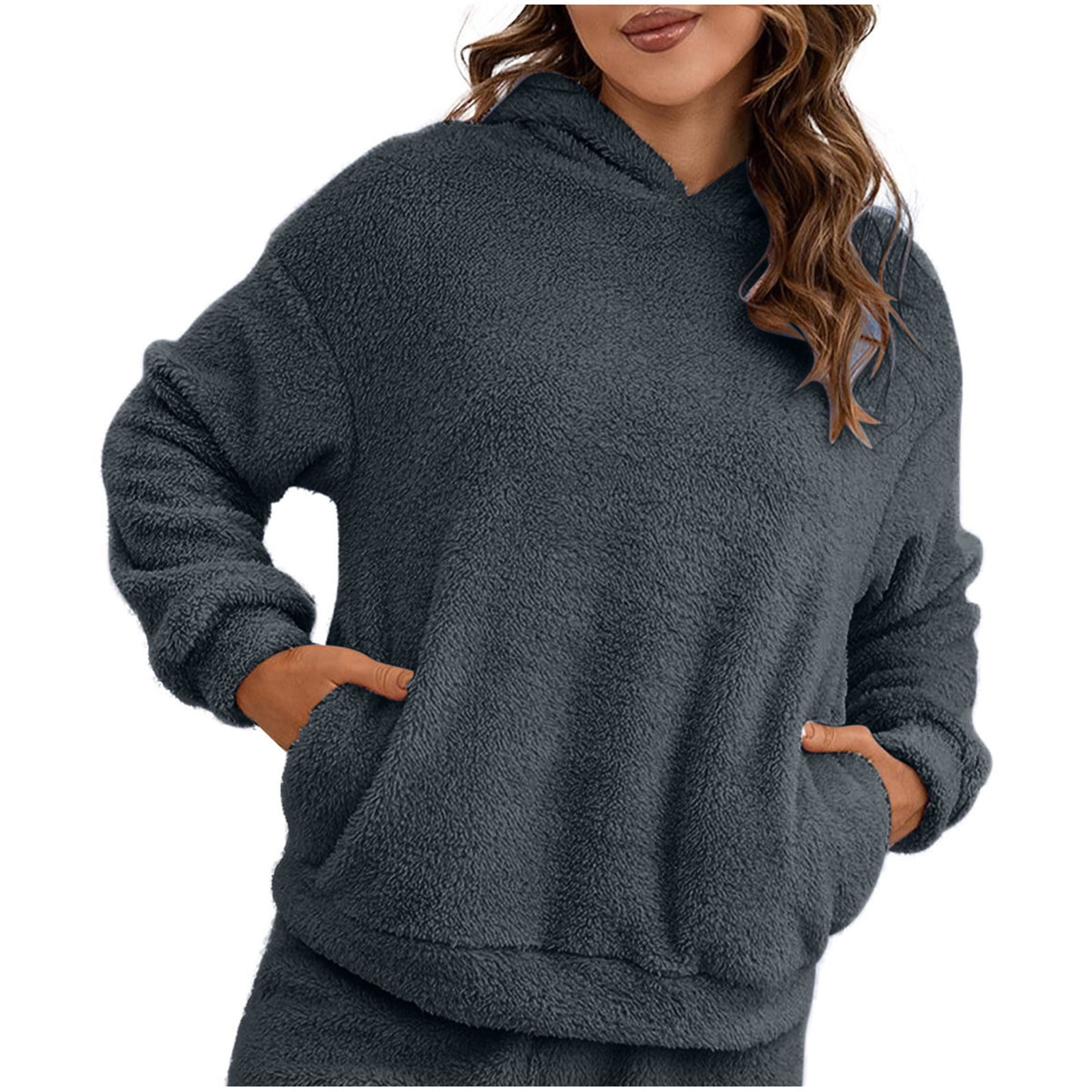 Faux Sherpa Fleece Hoodie with Front Pocket Women Casual Long