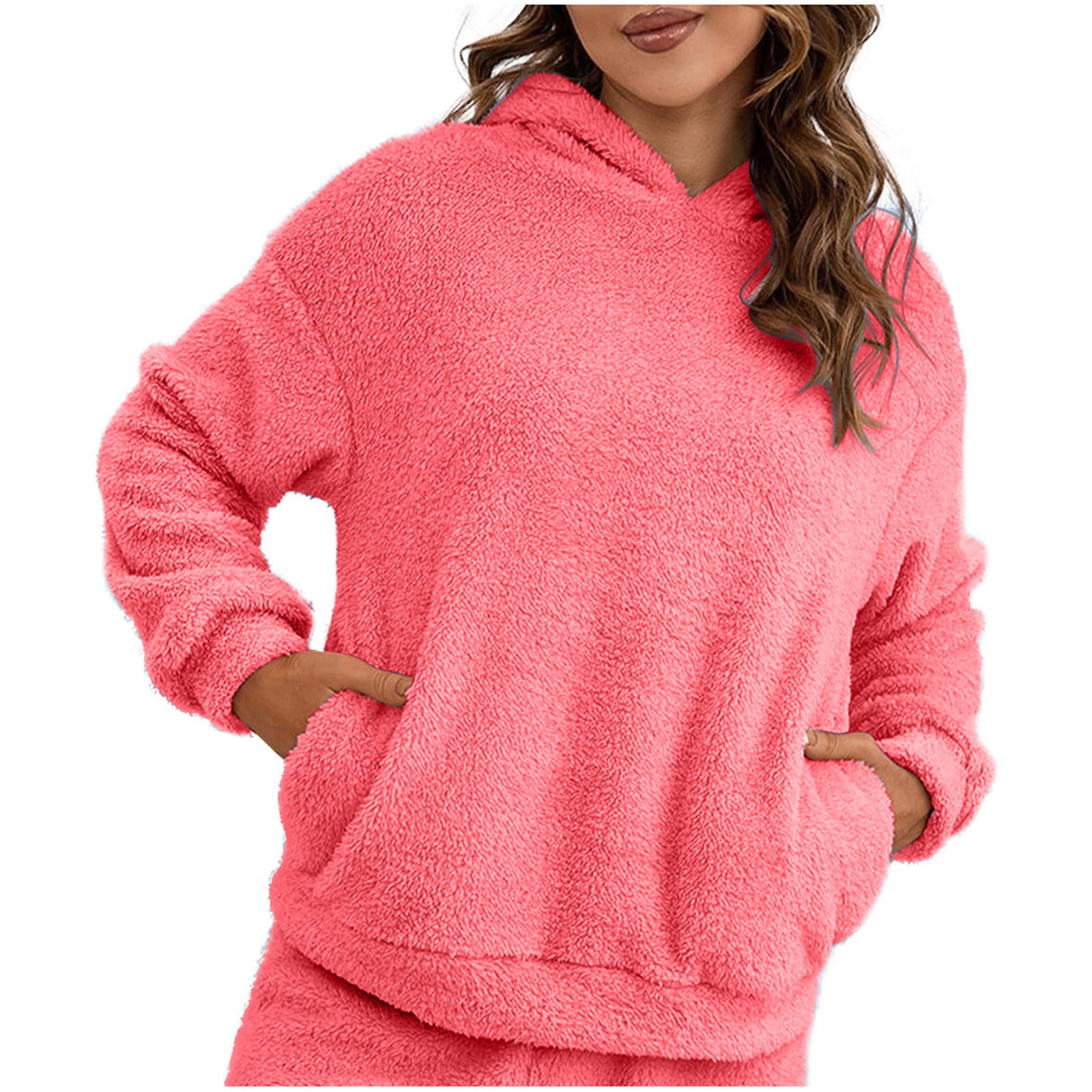 Faux Sherpa Fleece Hoodie with Front Pocket Women Casual Long Sleeve