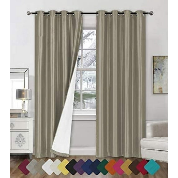 Faux Silk Blackout Curtains - 2-Panel Sets of 54x108 Room Darkening Black Out Curtains for Bedroom - Durable Thermal Insulated, Sun and Sound Blocking Dark Window Curtain - FS3, 108", Taupe