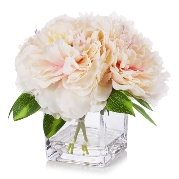 Faux Silk Peony Flower Arrangement,Lifelike Floral Centerpiece,Cube Glass Vase With Simulated Water,Tabletop Decor For Home Living Room,Dining Table,Wedding Reception,Bridal Shower,Party,Peach