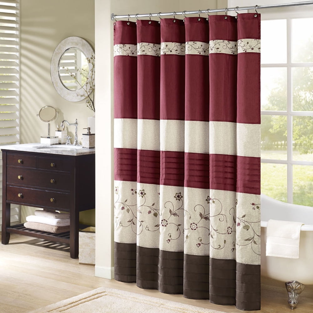Red and Beige Faux Silk Embroidered Floral Shower Curtain