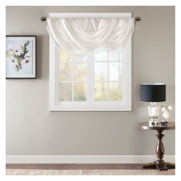 Faux Silk Valance 38x46", Waterfall Design, White Window Scarf, Tassel Trim, Rod Pocket, OEKO-TEX Certified