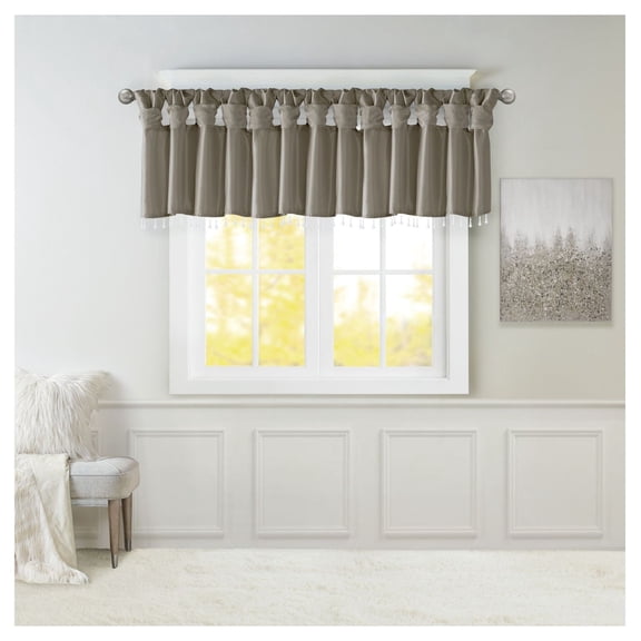 Faux Silk Valance with Beads - 50x26 Inch Window Treatment - Pewter - Transitional Style - Lined for Privacy - DIY Tab Top
