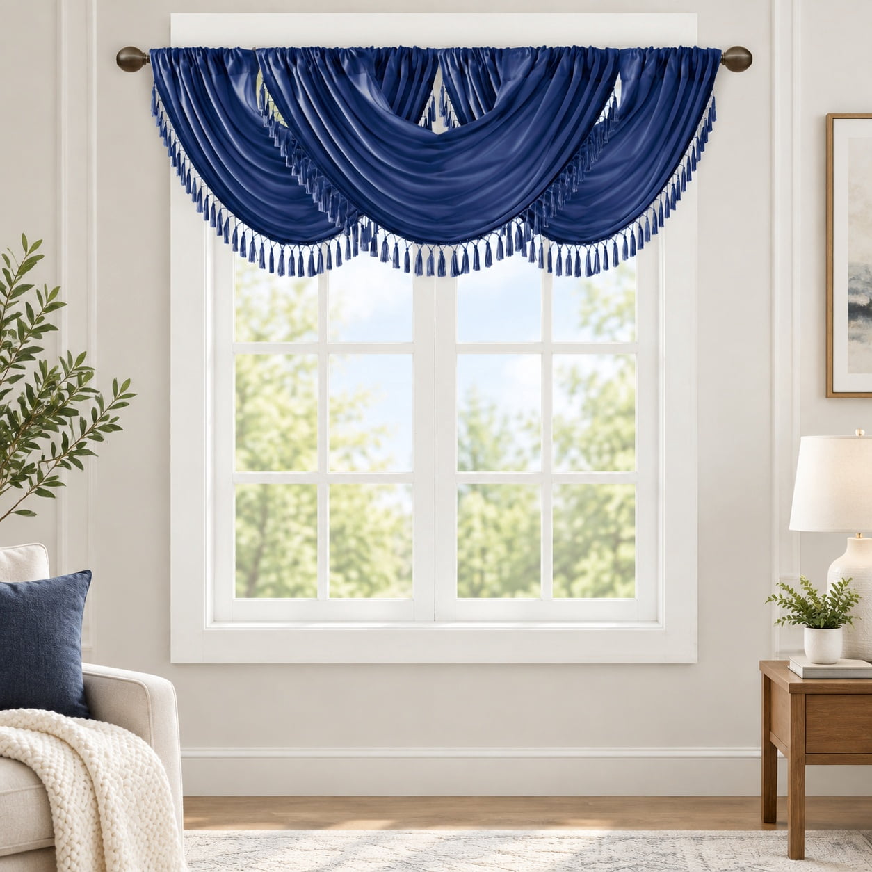 Faux Silk Waterfall Embellished Window Valance Navy 38x46