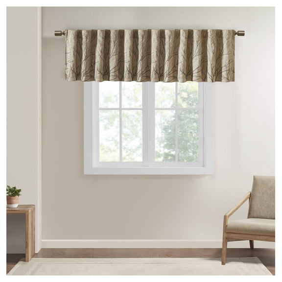 Faux Silk Window Valance 50x18 Tan Embroidered Branch Design - Rod Pocket & Back Tabs - Living Room, Bedroom Dcor