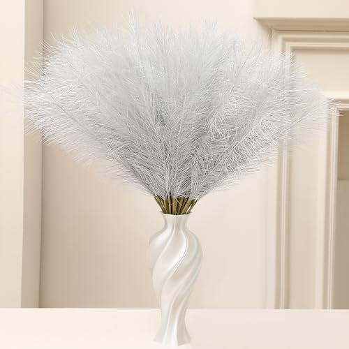 Faux Silver Pampas Grass - 30pcs 24 Inch Short Artificial Pampas Grass Decor, Fake Pompas Floral for Vase Filler, Wedding Flower Arrangement, Party and Home Decor (Silver, 30 Pieces)