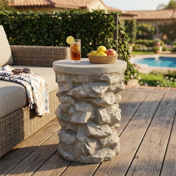 Faux Stacked Stone MGO Side Table, Square Top Accent End Table, Pre-Assembled Non-KD, 80 LBS Weight Capacity, Indoor Outdoor Rustic Stone Stool Table for Patio Living Room