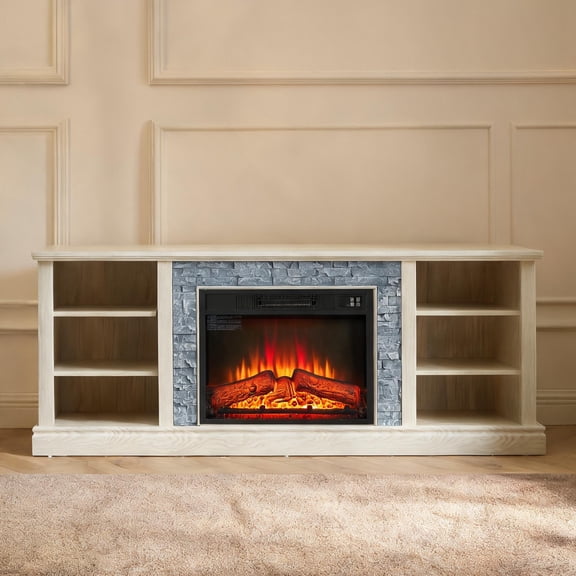 Faux Stacked Stone Media Console with 23-Inch Fireplace Insert Storage, White Finish