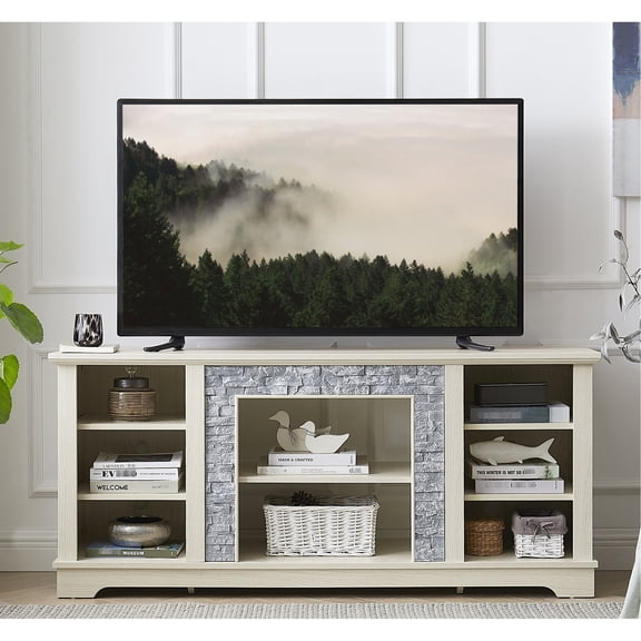 Faux Stacked Stone Surround, 6 Cable Cutouts - Fits 65'' TV, Ample Storage for Home Entertainment