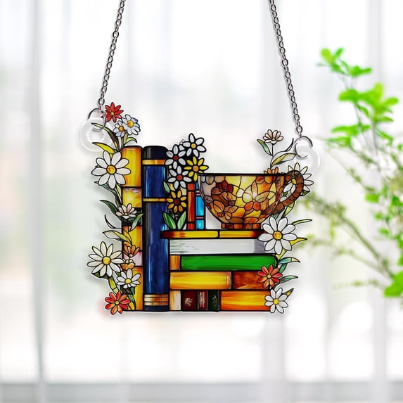 Faux Stained Flower Books Tea Acrylic Suncatcher Window Hanging