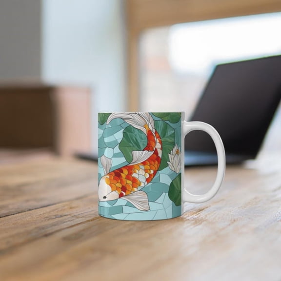 Faux Stained Gl Koi Pond Mug, Orange & White Koi Mosaic Coffee Cup, Beautiful Koi Fish Lover Gift, anese Koi Pond Teacup.