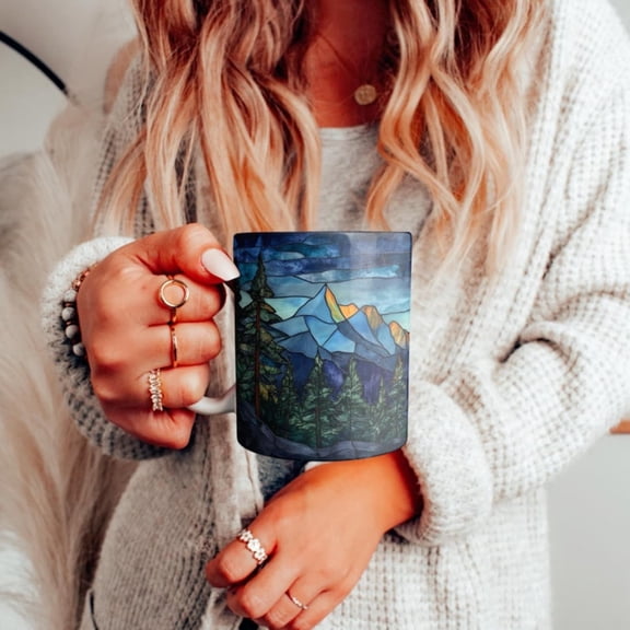 Faux Stained Gl Mountain Pines Mug, Mountain Landspe Ceramic Mug, Beautiful Sunrise Coffee Cup, Pine Trees est Teacup, & oz.