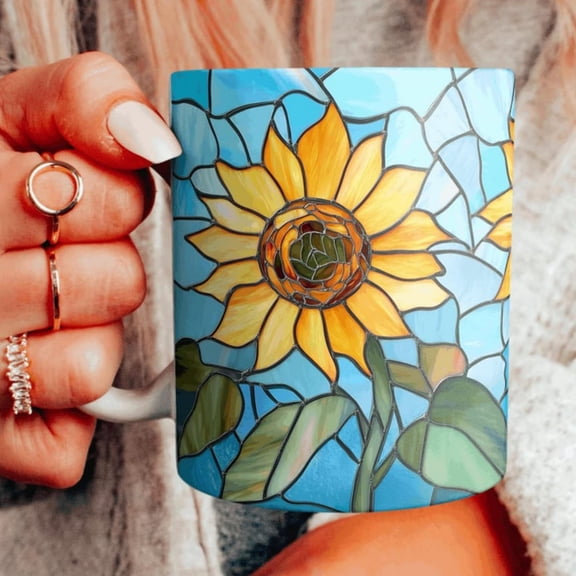 Faux Stained Gl Suowers Mug, Beautiful Yellow Suowers Coffee Cup, Suowers & Blue Sky Ceramic Mug, Suower Lover Gift Teacup.