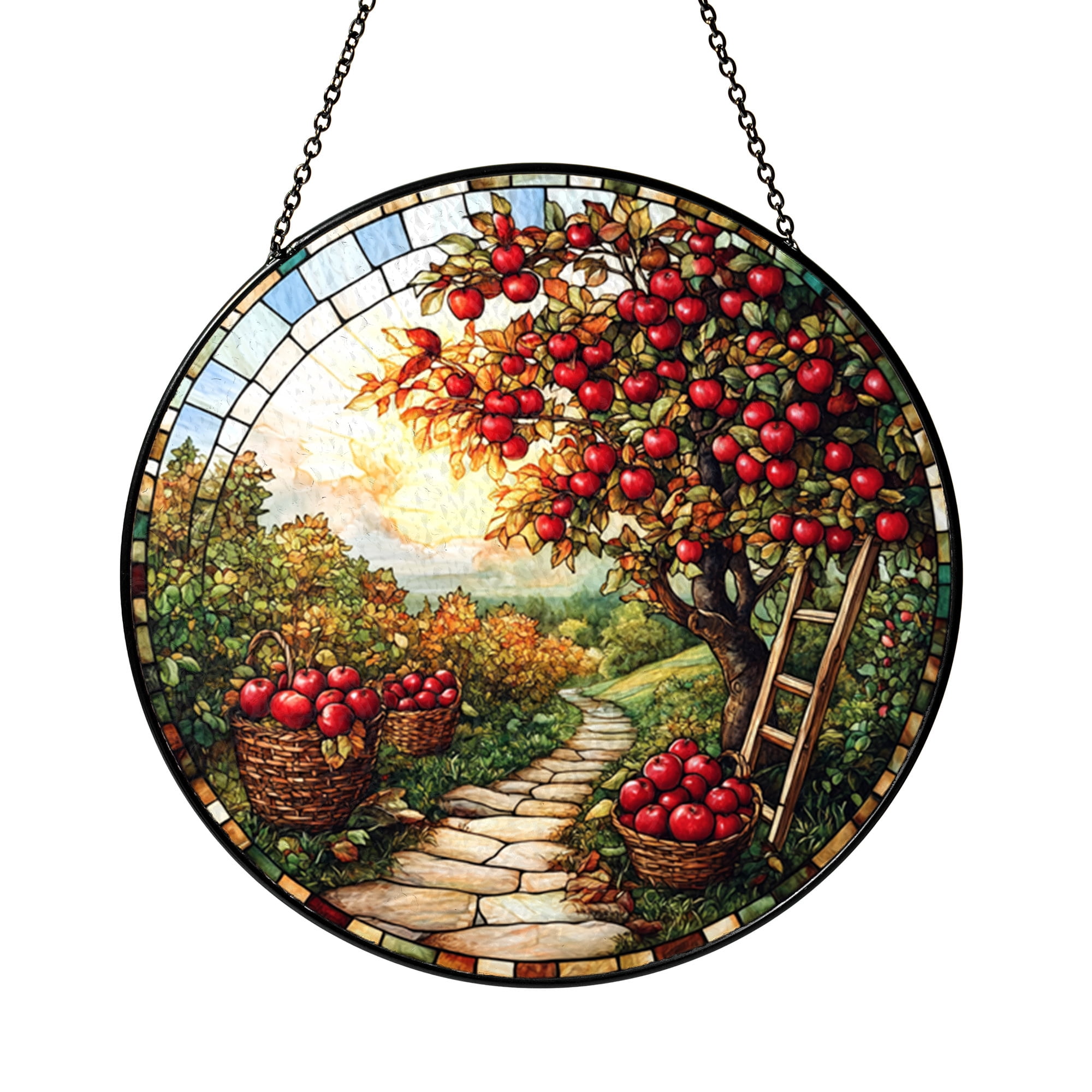 Faux Stained Glass Apple Orchard Panel, Harvest Window Hanging