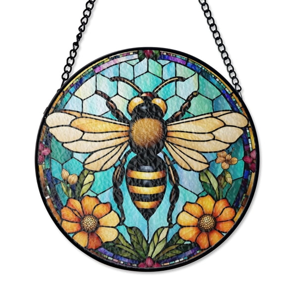 Faux Stained Glass Bee Honeycomb Suncatcher Stained Glass Style UV Printed Glass Spring Summer Garden Decor Round