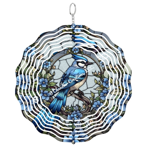 Faux Stained Glass Blue Bird 3D Wind Spinner, Kinetic Metal Yard Art, Garden Hanging Decor, Memorial Gift For Mom