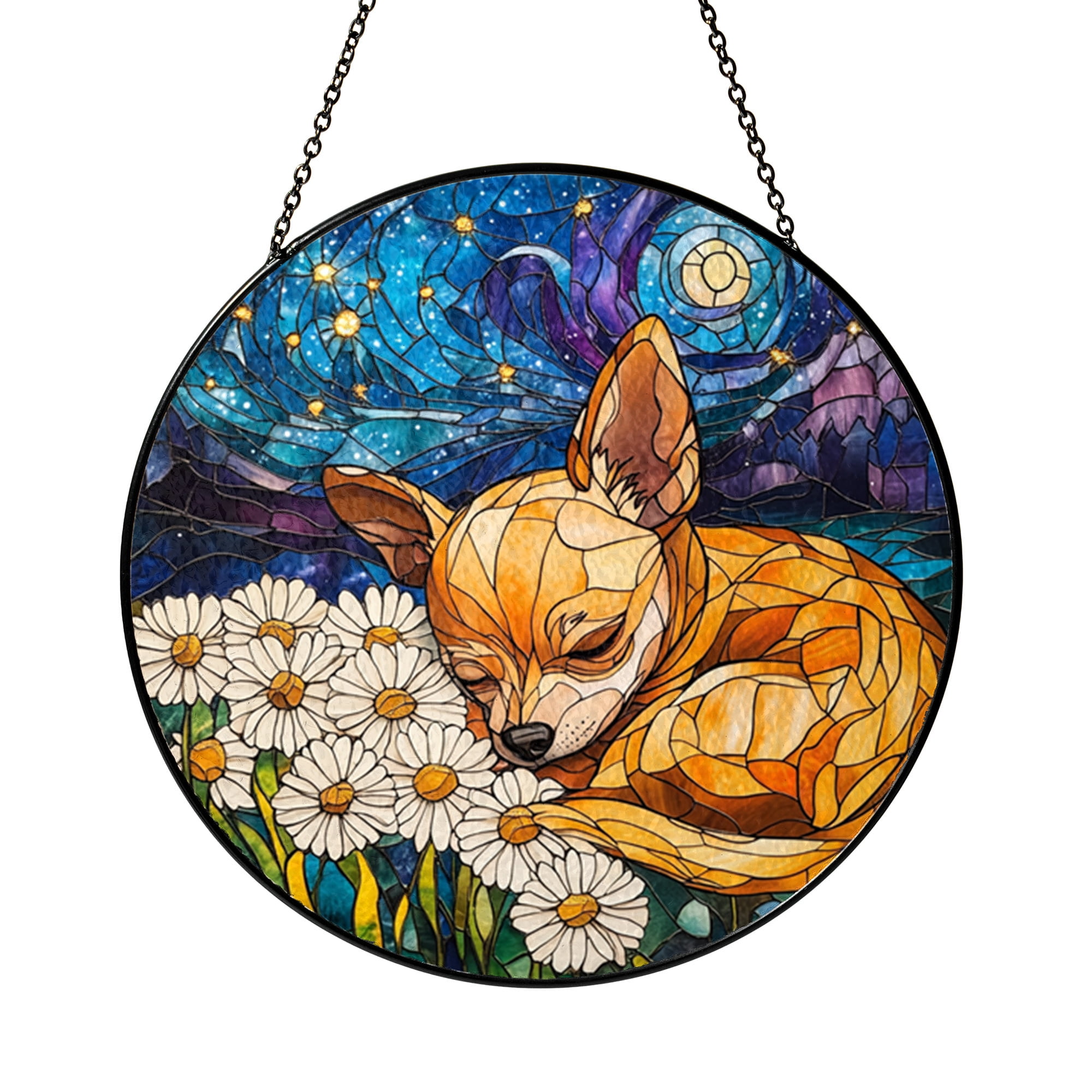 Faux Stained Glass Chihuahua Panel, Sleeping Dog and Dandelion Window Art