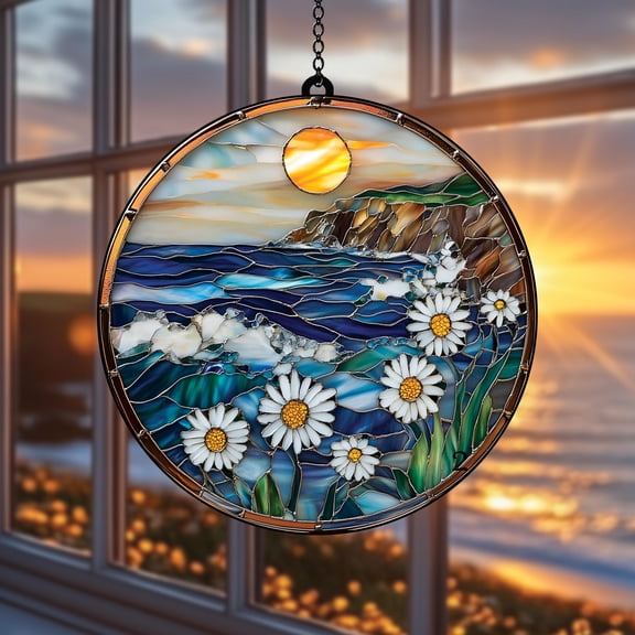 Faux Stained Glass Daisy Flowers Suncatcher, Coastal Scene Decor, Floral Window Hanging Decor, Unique Gift for Mom, April Birth Flower Gift