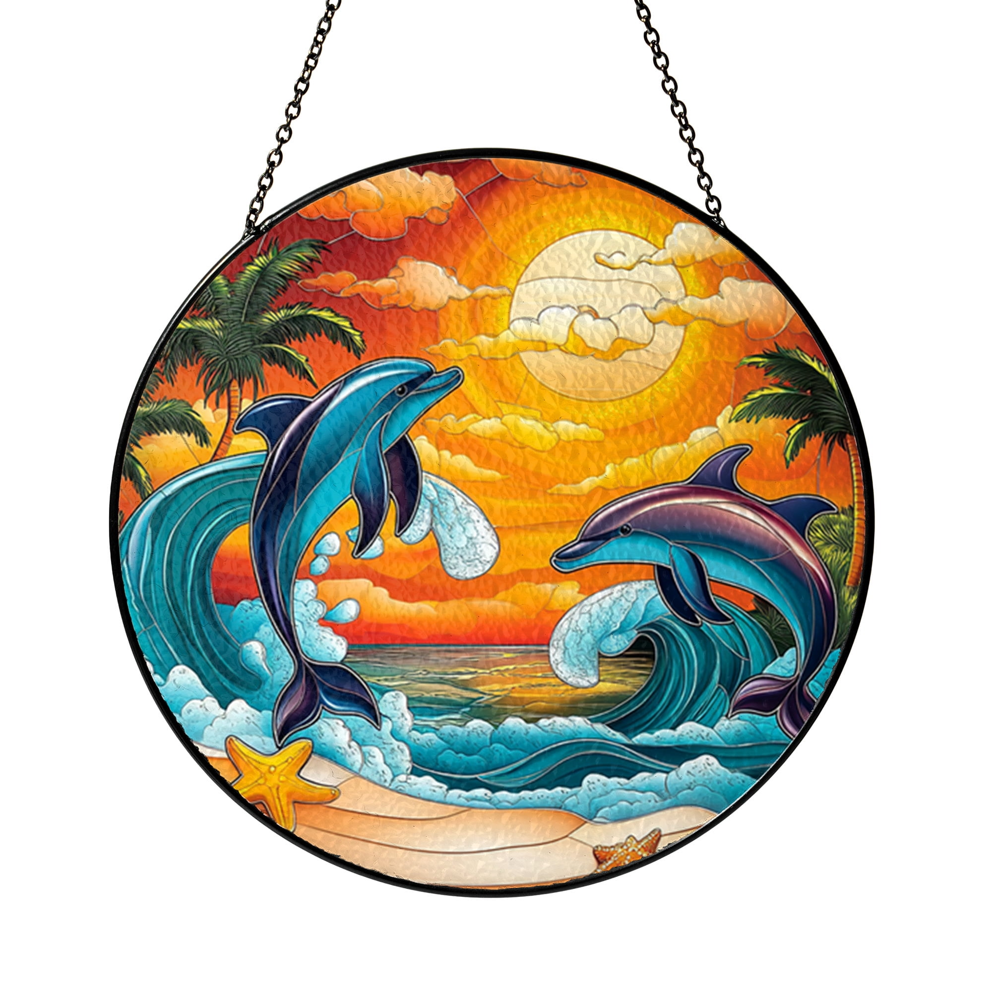 Faux Stained Glass Dolphin Panel, Sunset Ocean Window Art