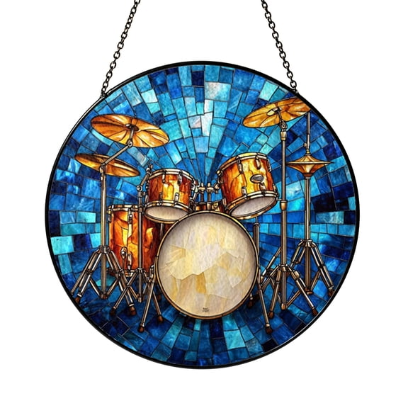 Faux Stained Glass Drum Kit Suncatcher – Musical Instrument Window Hanging for Home Decor