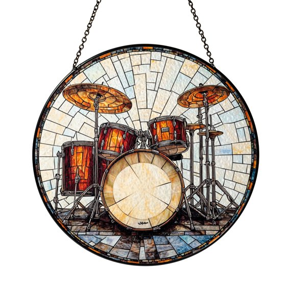 Faux Stained Glass Drum Set Window Suncatcher, Percussion Instrument Hanging Home Decor